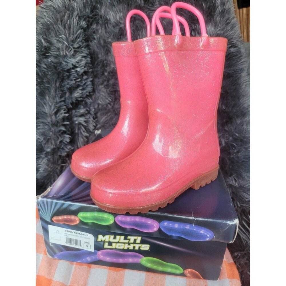 Pink Glitter Kids Rain Boots With Handles - Multi Lights Design - Size 9 - Water